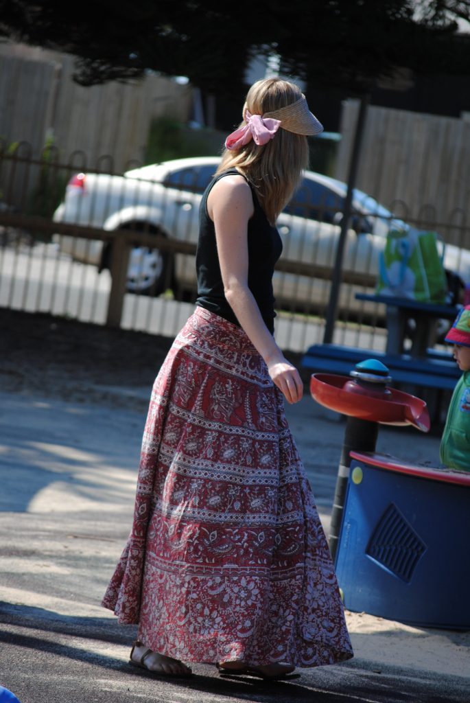 batik, wrap skirt, tie hat, visor